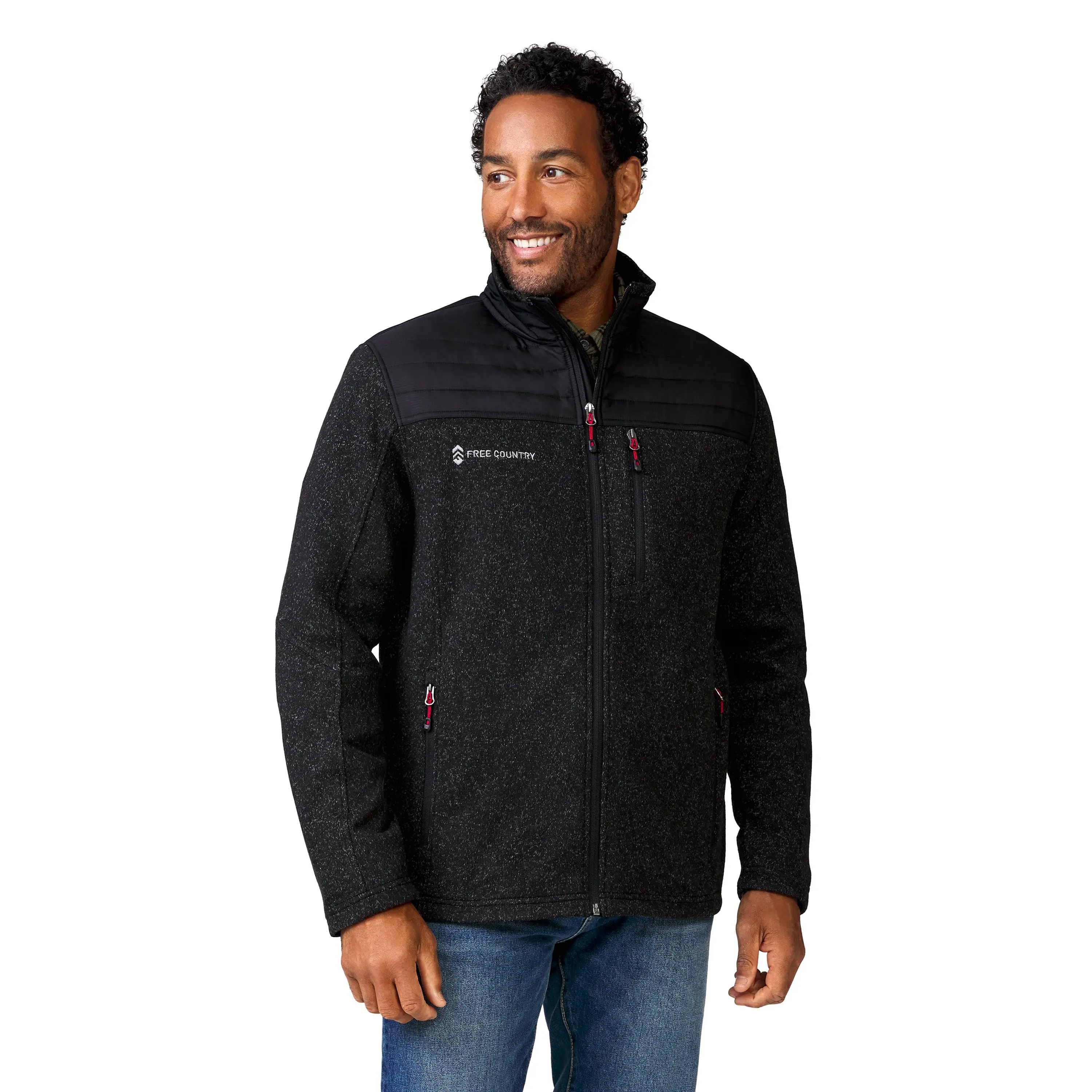 FREE COUNTRY Men's Frore Soft Knit Fleece Jacket, A Lightweight Full Zip Coat with Quilted Overlay for Office Wear, Tops, Menswear, Coats, Pockets, Long Sleeve