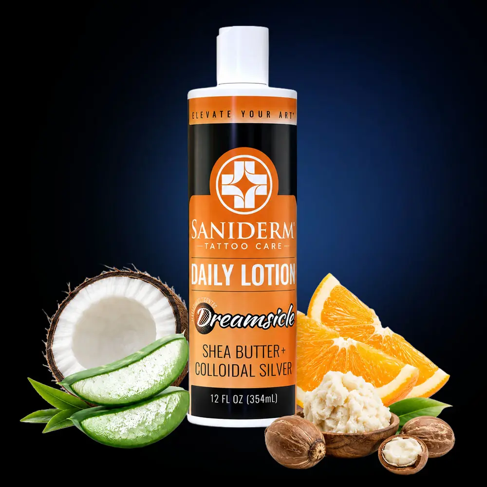 Saniderm Daily Tattoo Lotion (12 oz) – Premium, Organic Long-term Skin Care and Tattoo Aftercare for Vibrant Tattoos – Moisturizing Lotion for Tattooed Skin