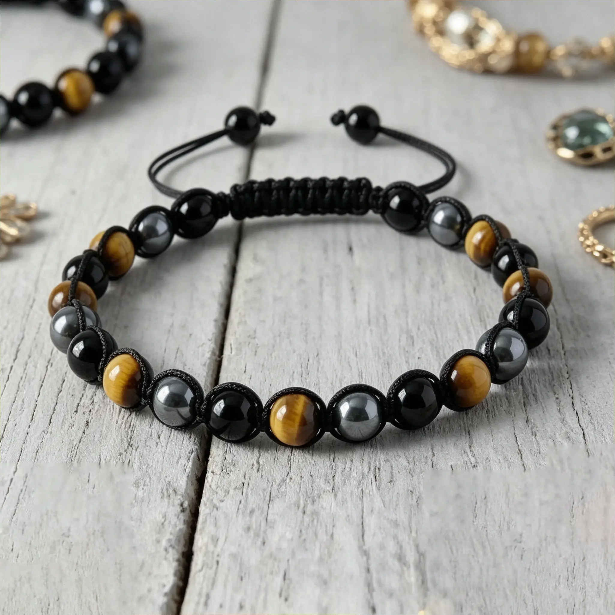 Unisex 8mm Natural Stones Bracelet - Triple Protection Tiger Eye, Black Obsidian, Hematite Round Beads Adjustable Everyday Wear Jewelry for Men Women