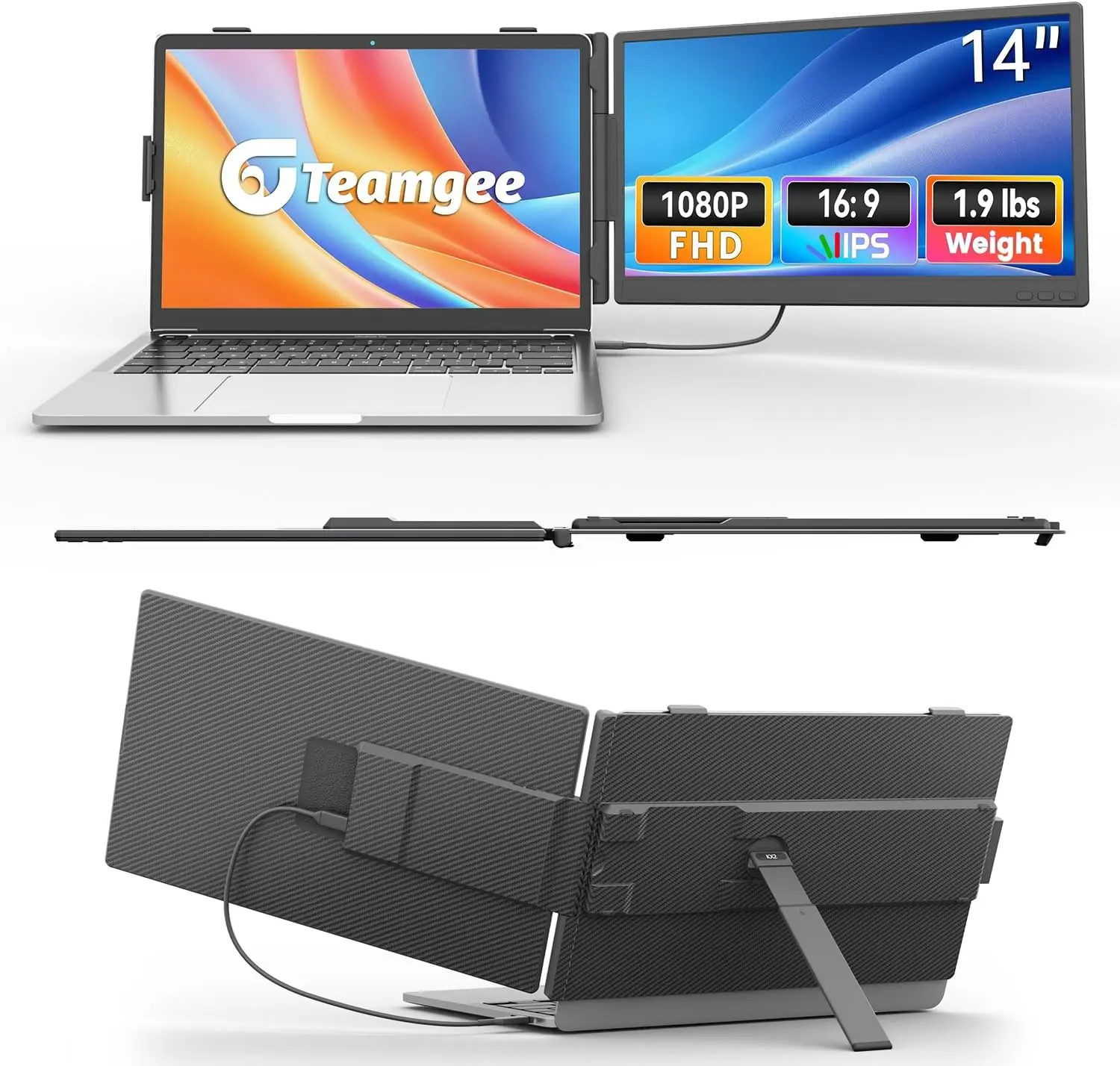 Teamgee 14 Inch Laptop Screen Extender, 1080P FHD Laptop Monitor Extender, Portable Monitor Display for Laptops 13-17.3" with USB-C/HDMI Port, Plug & Play for Windows/Mac/Android/Switch/PS5 computer accessory Ultra-Slim built-in battery tiktokshopbacktosc