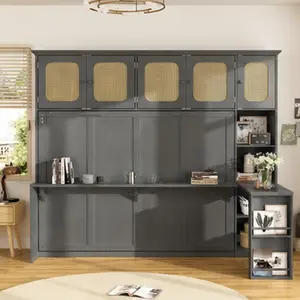 Full Murphy Bed with Desk and Rattan Cabinets, Space-Saving Wall Bed for Home Office, Antique Gray Solid Wood+MDF, Fold-Out Guest Bed with Shelving, Boho-Chic Storage, Hydraulic System, 63.4"W x 98.2"D x 83.1"H, Full Size Options