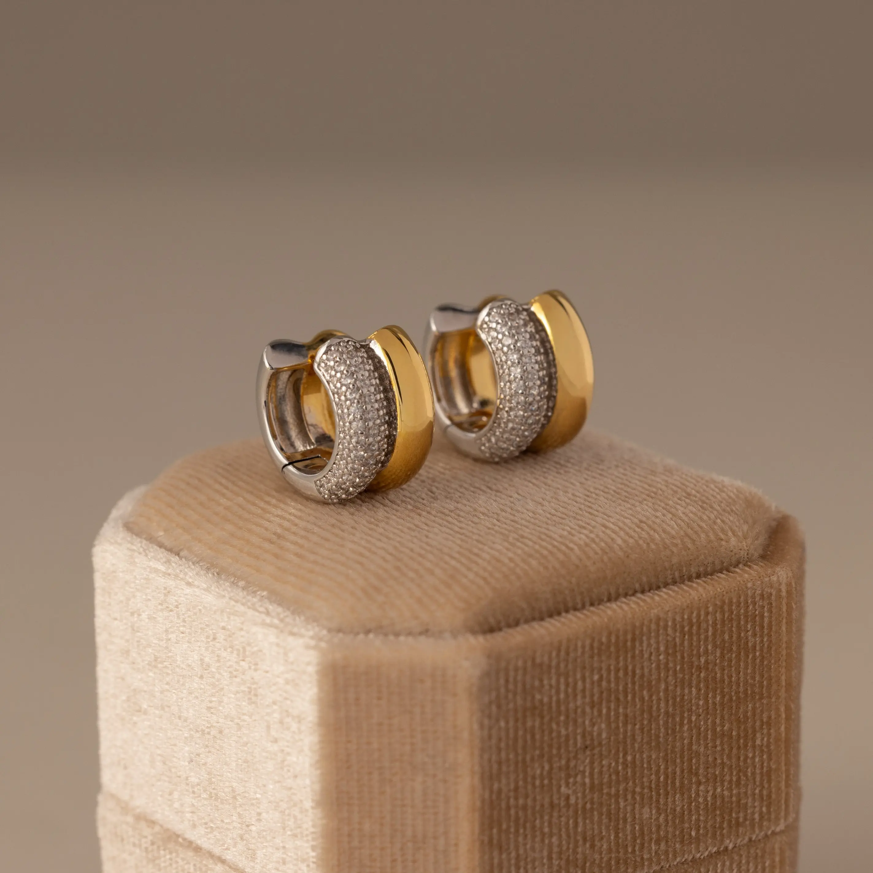 Duo Mixed Metal Pave Huggies by Caitlyn Minimalist