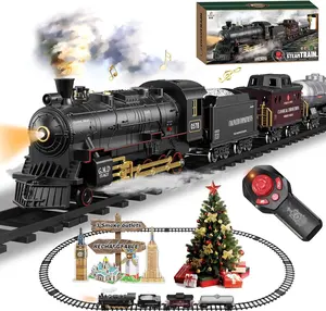 Electric Remote Control Train Set Christmas Trains Steam Locomotive, Cargo Car & Tracks, Rechargeable Train Toys for Kids w/3 Smoke,Whistle & Lights, Christmas Birthday Gift for Boys Girls 3 4 5 6 7