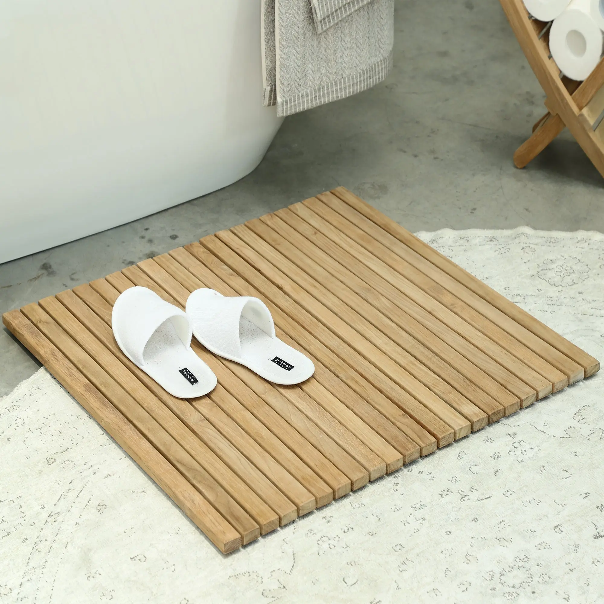Chiba Teak Shower and Bath String Mat with Rubber Footing 36″ x 36"