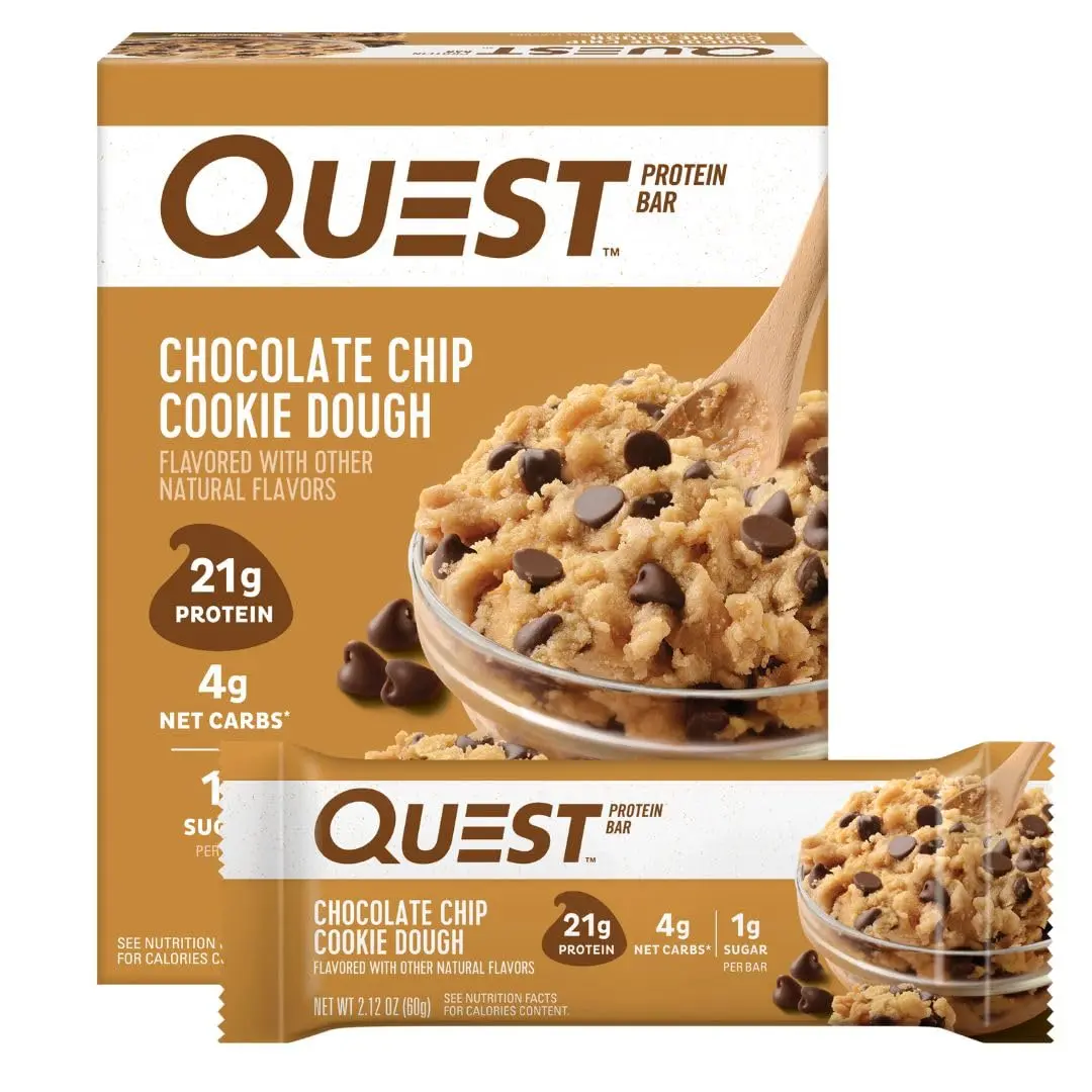 Quest Nutrition Chocolate Chip Cookie Protein Bars, 21g Protein, 4, Net Carbs, 1g Sugar, Gluten Free, Keto Friendly, 4 Count