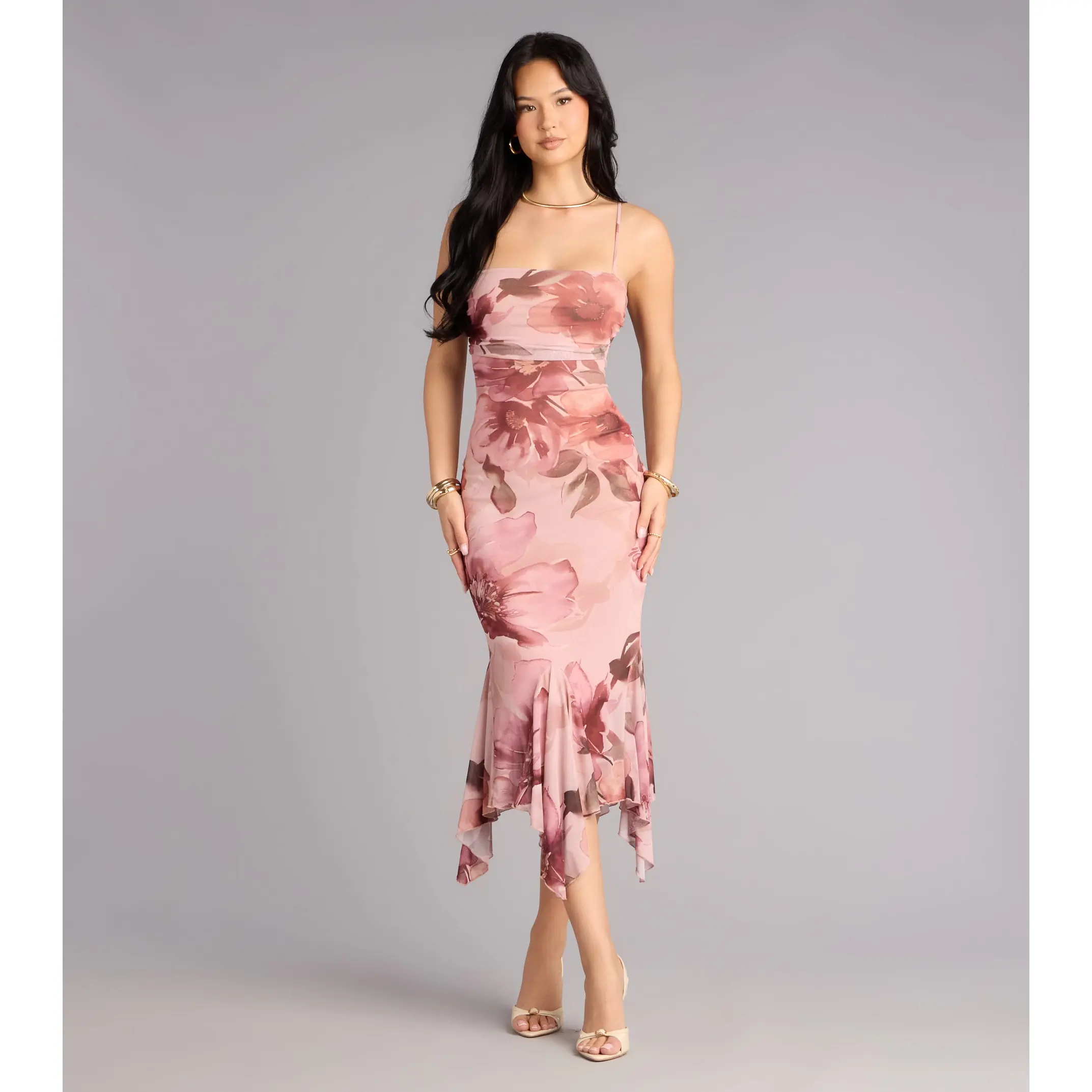 knee length dresses for ladies Floral ruffle midi dress dreamy bloom | Trendy Dresses