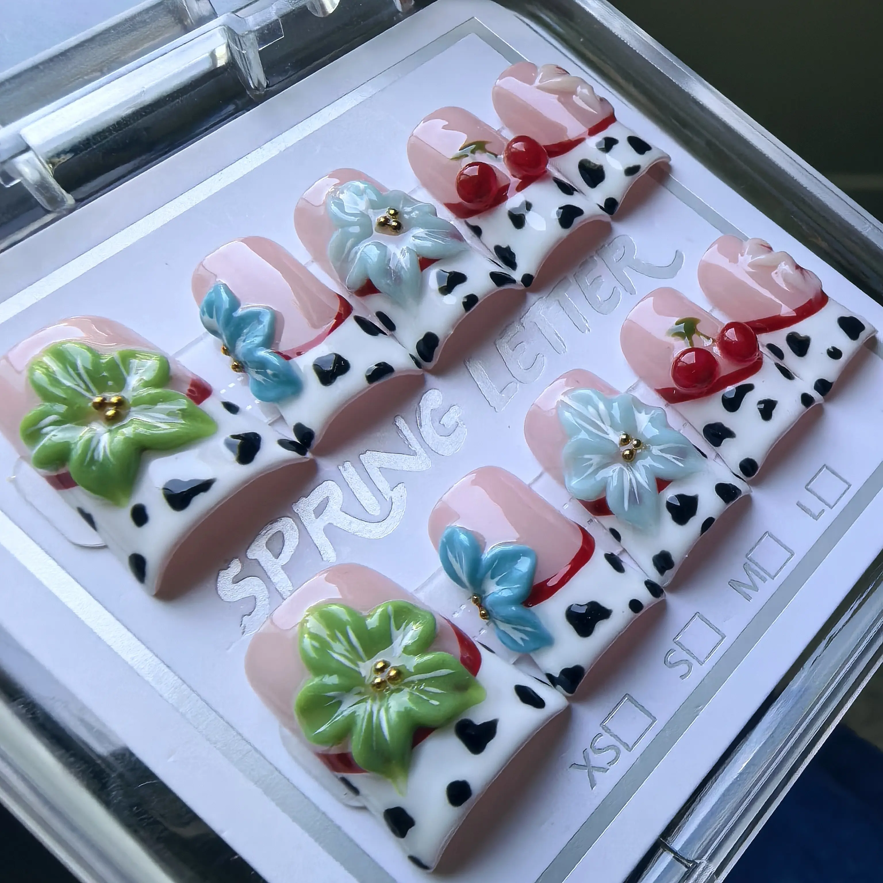 CHERRY MEADOW-Duck-bill Handmade  Press On Nails Cow Print French Tip with 3D Cherry Flowers Reusable 10pcs Free Kit SPRINGLETTER NAILS
