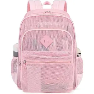 Mesh Backpack Heavy Duty See Through School Backpack Semi-Transparent Net Bookbag For Swimming, Beach, Sports, Work, Travel