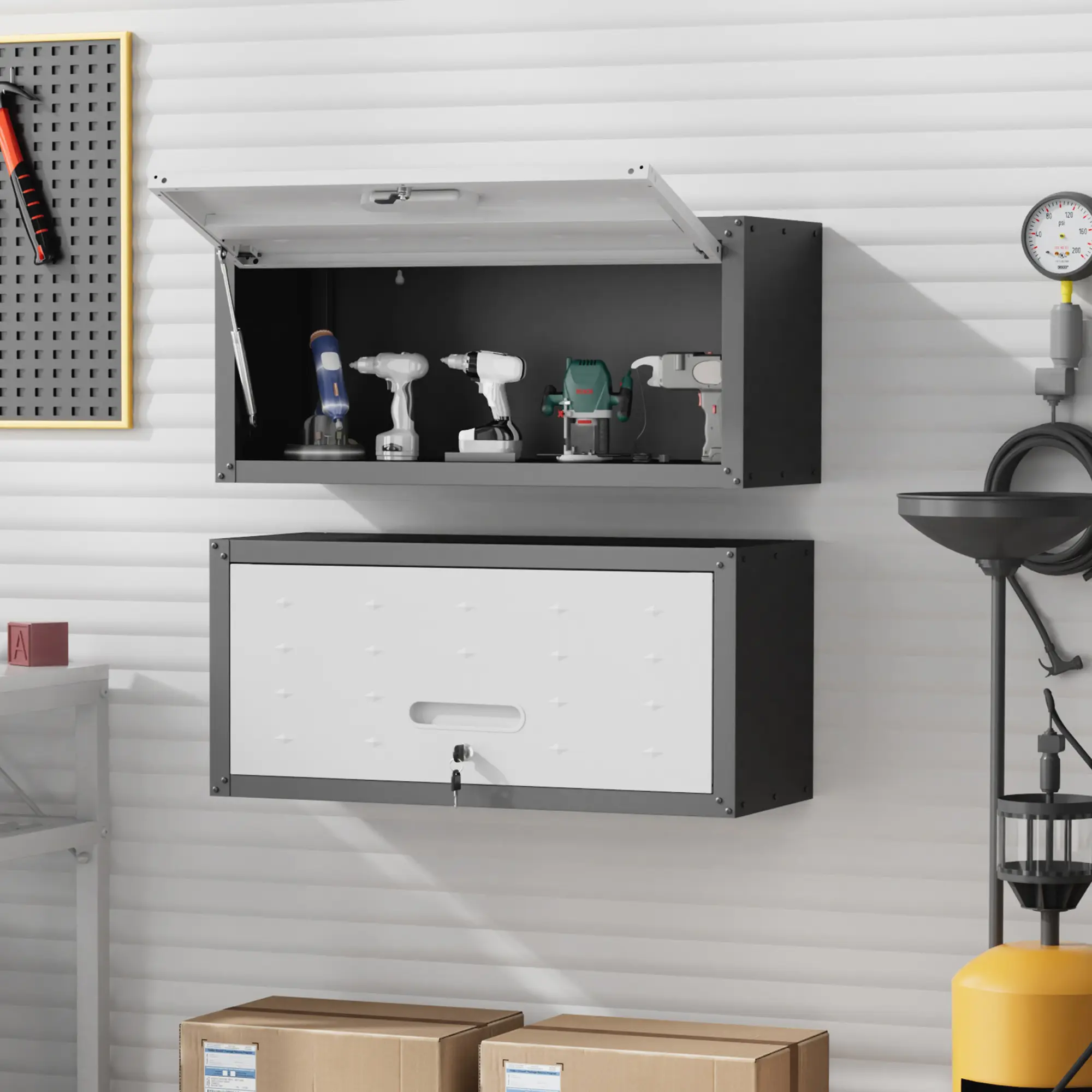 Wall Mounted Metal Tool Cabinet with Lock, Flip-Up Garage Storage Cabinet with Gas Struts, Heavy Duty Steel Wall Organizer for Workshop, Garage and Utility Room