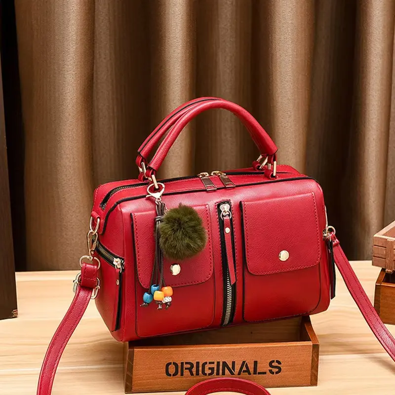 A137-Multi Pocket Boston Bag With Fur Ball Charm Top Handle Crossbody Handbag For Women Daily Use