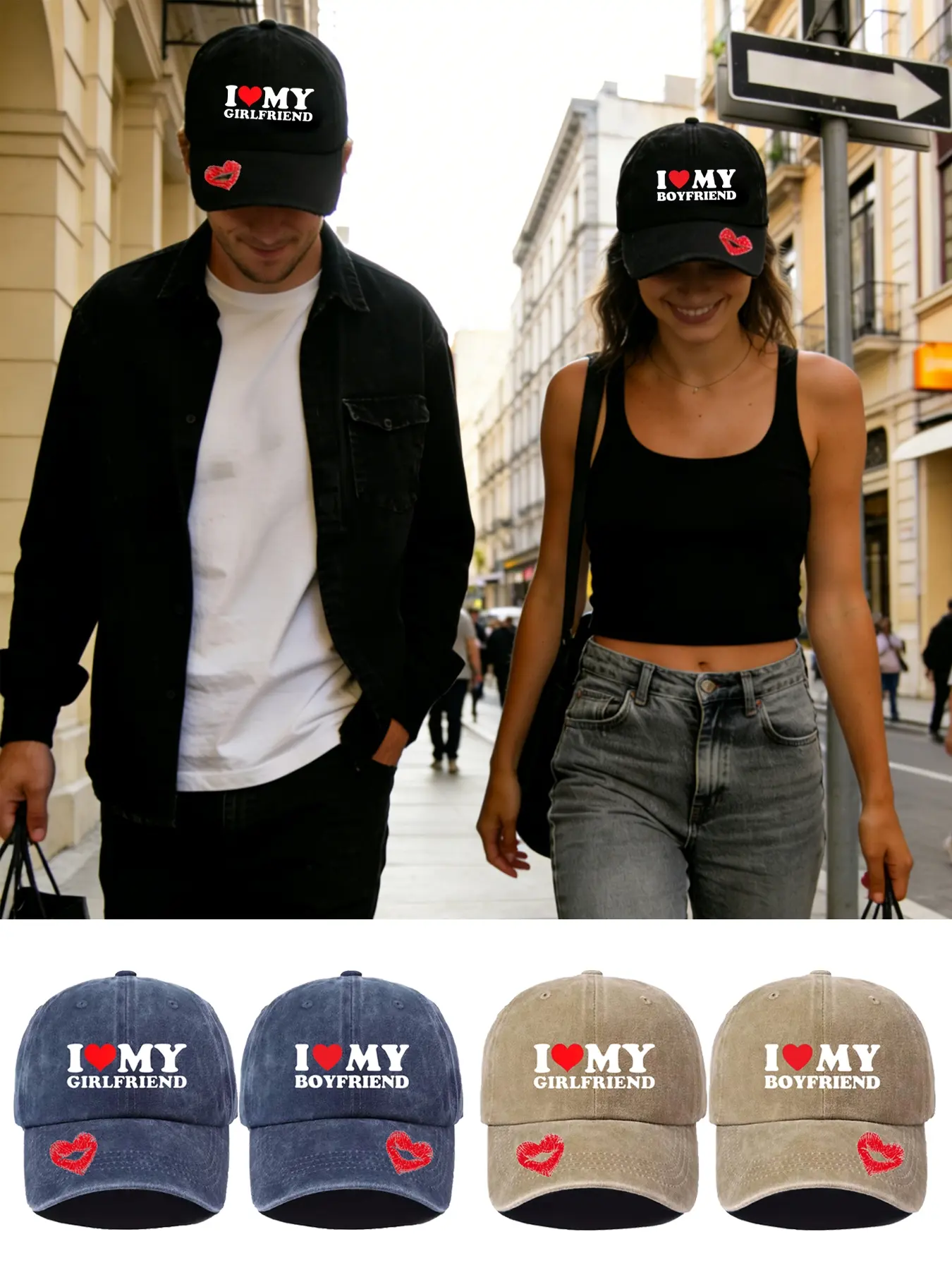 2pcs Couple's Vintage Valentine's Day Baseball Caps, Unisex Letter & Love Lips Printing, Fitted Casual Style, Outdoor Travel Beach Hats