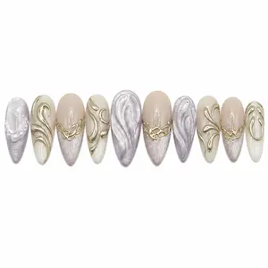 Unlock00 ANTIQUE GOLD-AMBER - Almond Handmade Press On Nails | Easy To Apply, Long Lasting, High Quality
