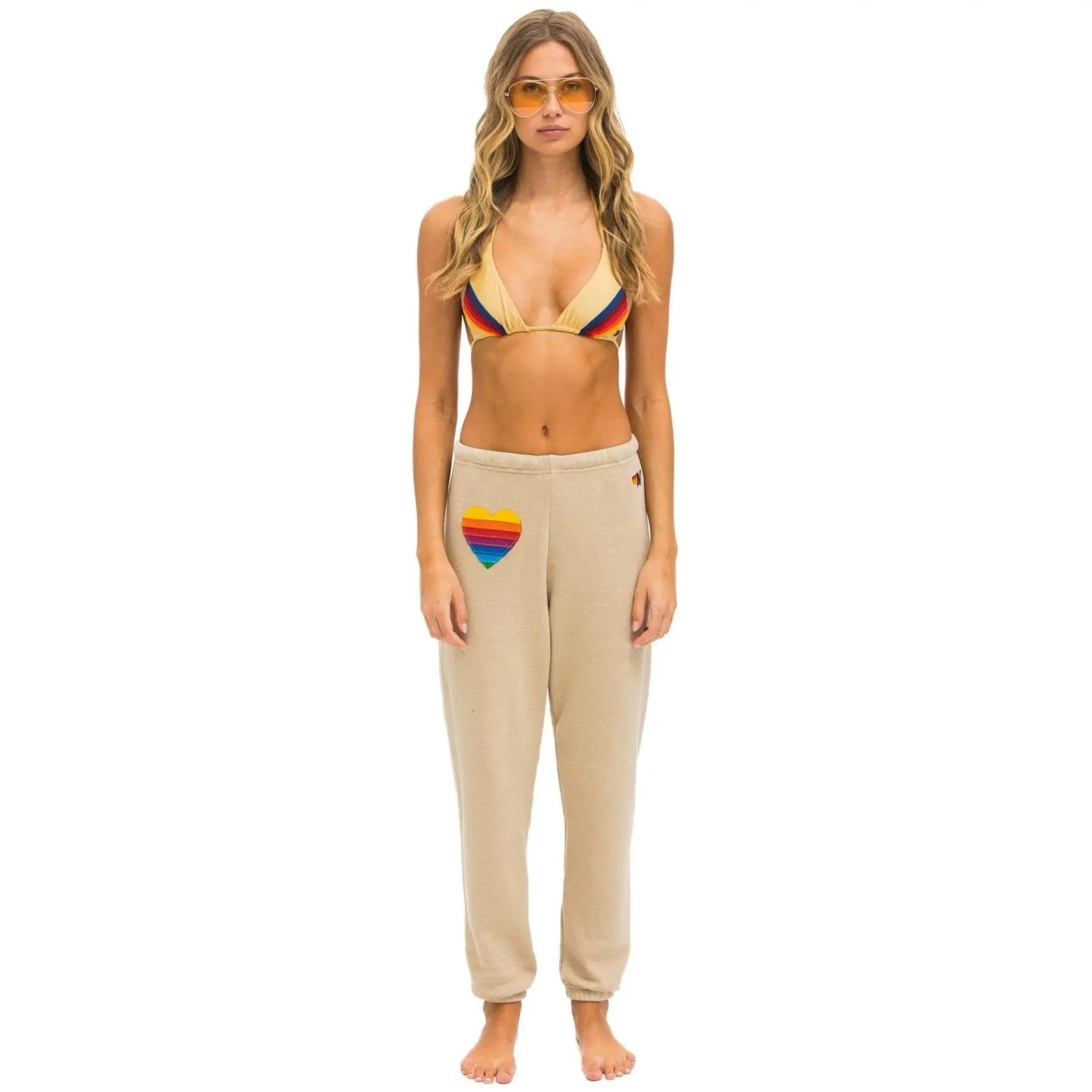 RAINBOW HEART STITCH SWEATPANTS - SAND