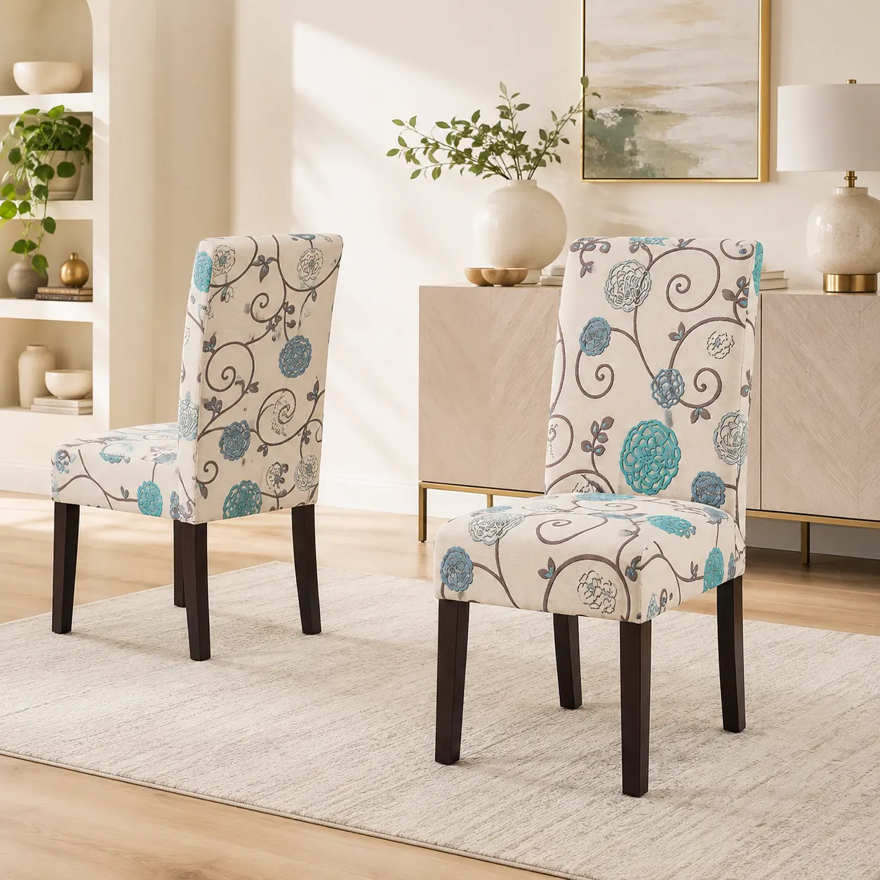Floral Print Upholstered Dining Chairs, High Backrest, Upholstered Look, Without Arms, Solid Wood Legs for Kitchen and Living Room