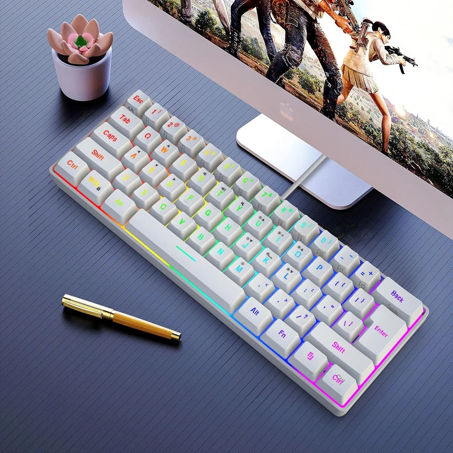 Wired Gaming Keyboard, 61 Keys RGB Backlit Wrist Rest Ultra-Compact Mini Waterproof Keyboard for PC Computer Gamer (White)
