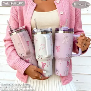 1200ML Stainless Steel Insulated Cup with Handle, Pearl Bow Design, Travel Coffee Mug, Tumbler, Vacuum Bottle, Gift for Holidays