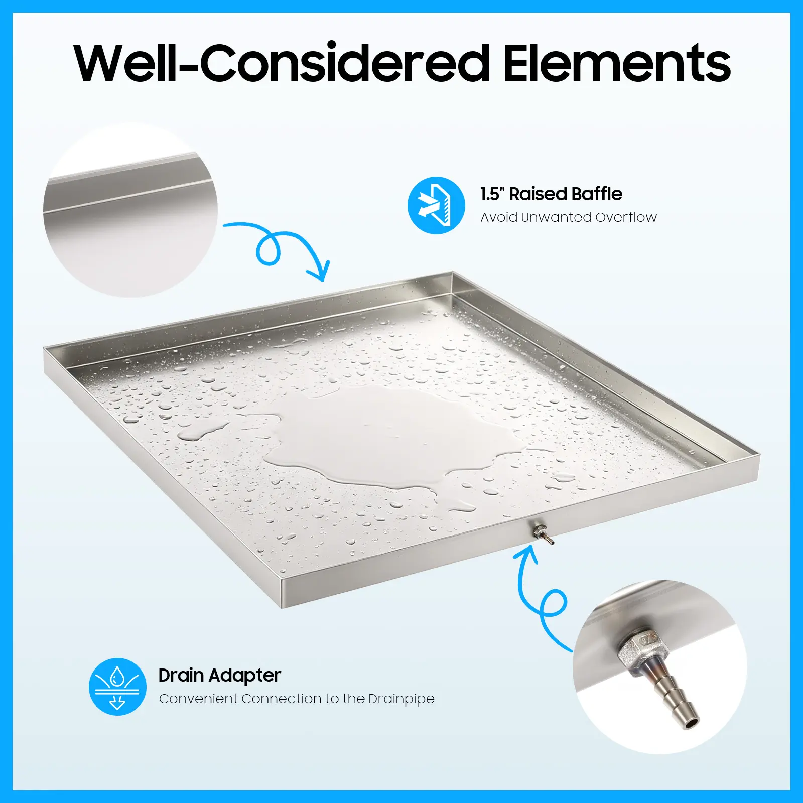 304 Stainless Steel Washer Drain Pan For Washing Machine Leak Protection Tray, 3.5Kg/7.72Lbs, 68.58*63.5*3.81Cm/27*25*1.5In
