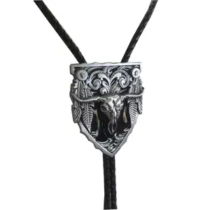 Vintage Style Black Enamel Long Horn Bull Western Cowboy Bolo Tie Leather Necklace