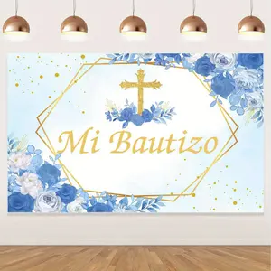 1 Set Mexican Baptism Party Decorations God Bless First Holy Communion Banner Gold Blue Watercolor Flower Photography Background Christening Newborn Decor Props
