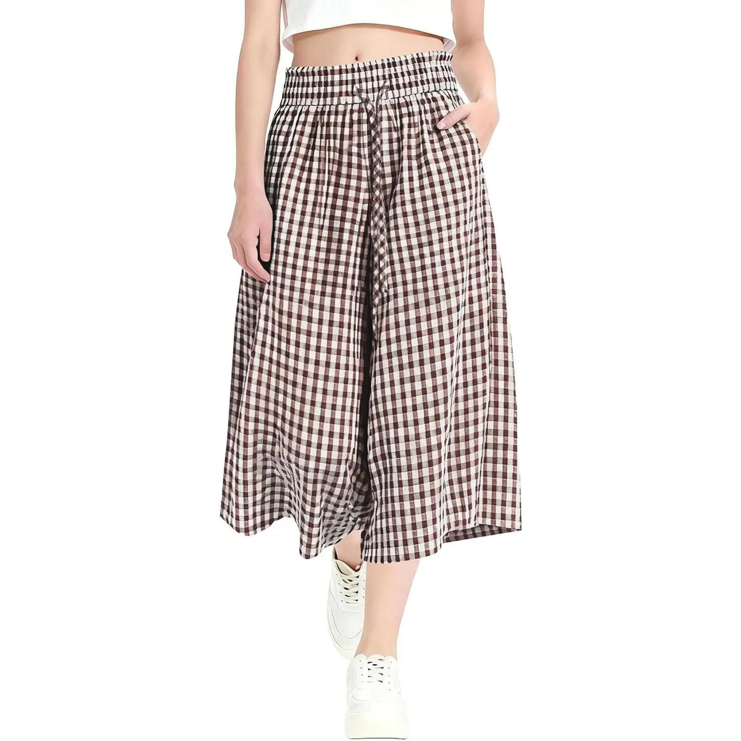 Women's Soft Fabric High Waist Wide Leg Capri Pants, Gingham Striped Flowy Elastic Waist Culottes with Pockets, Women's Bottoms, Tank Tops, Tops