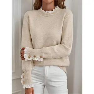 Women's Fashion Sweater Autumn Winter Casual Lace Trim Sleeve Button Design Pullover Knitwear, Stylish Ladies' Clothing