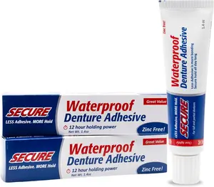 Secure Denture Adhesive Cream for Uppers, Lowers & Partials – Waterproof Seal & Zinc Free – Food Grade Ingredients – Less Adhesive, More Hold – Tube Lasts Up to 8 Weeks – 1.4 oz (2 Pack)