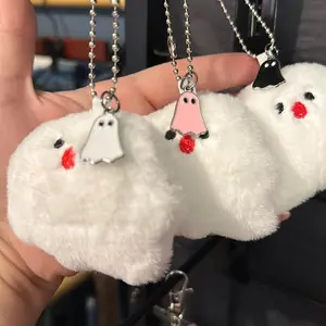 Keychain Ghost Puff dengan Gantungan Kunci Enamel Warna Pink-Hitam-Putih