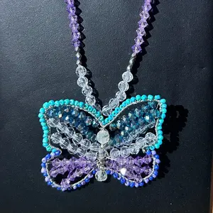 Butterfly Wire Wrap Necklace with Turquoise and Purple Beads for Women's Fashion Jewelry
