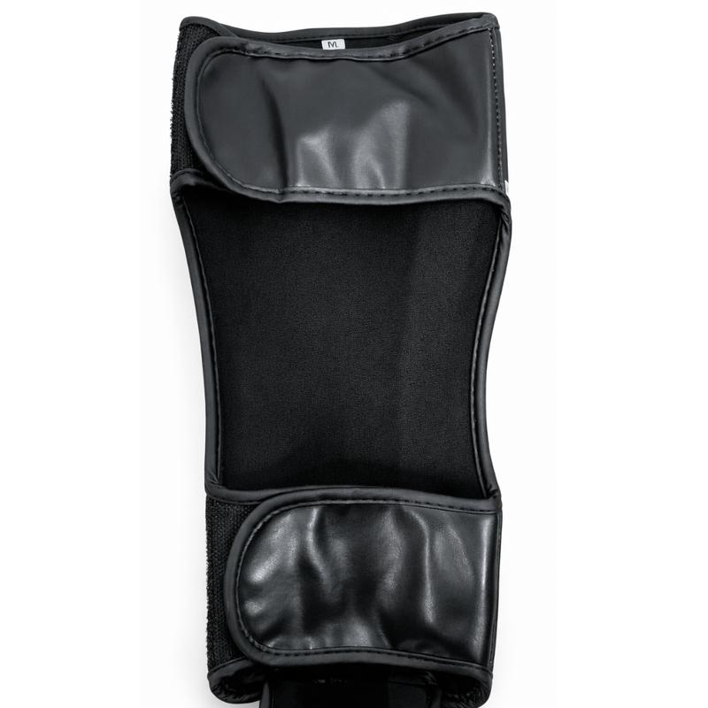 Invicto Sports MMA Shin & Instep Guards, Rexine Leather Construction, Multi-Layer EVA Padding, Adjustable Velcro Strap, Black & White, for Training & Sparring