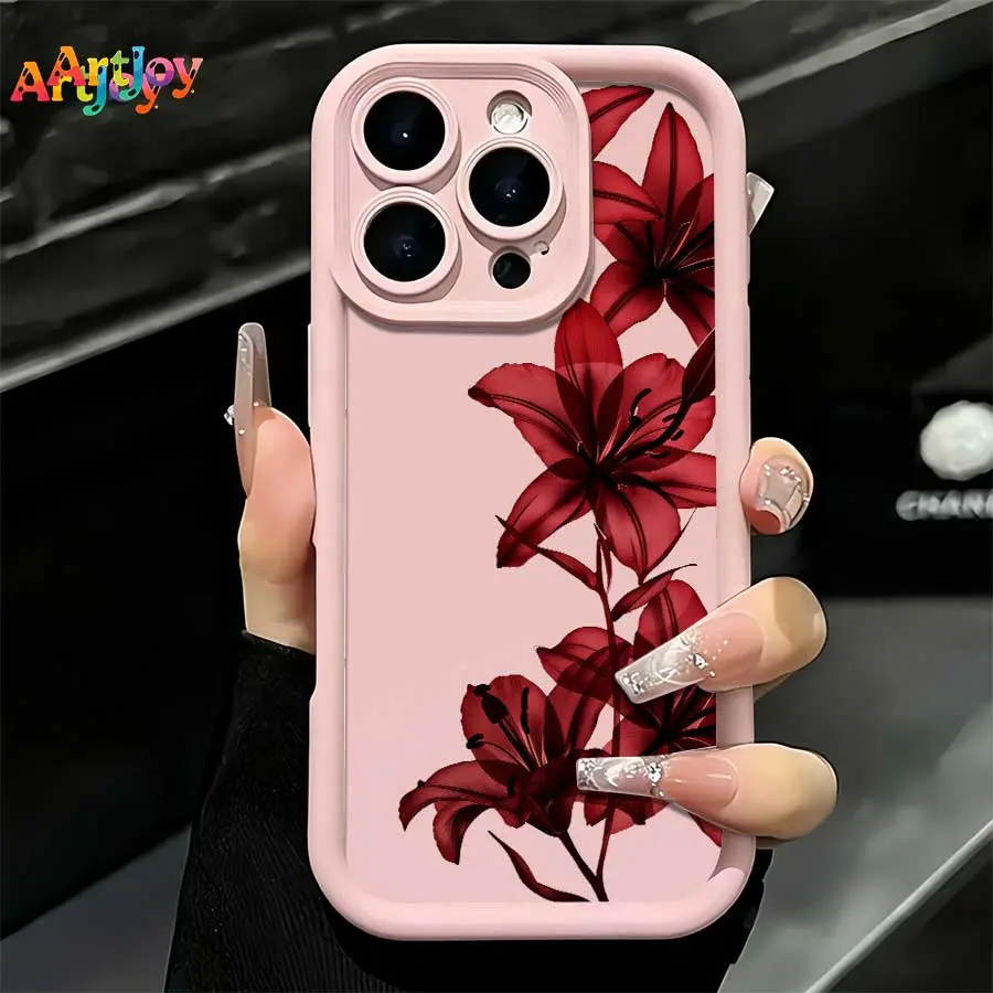Shockproof Phone Case Shell Protector Casing for iPhone 17 Pro Max,16,16 Plus,15,14,13,12 - Pink Lens Frame, Wine-Red Lily Flower HD Print, Fashion Versatile Cover, Ideal Holiday Gift