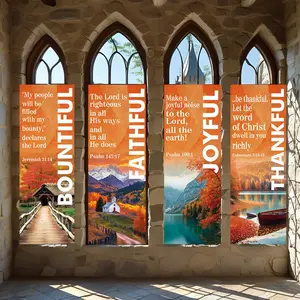 4 Pcs Religious Banners, Polyester Material Autumn Christian Hanging Banner Set Religious Verse Print Fall Scene Decor Suitable for Church Home Indoor Wall Decoration Scripture Themed Faith Inspirational Vertical Banner
