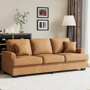 Garvee Modern 86" Leather Sofa with 2 Throw Pillows, Deep Seat Couch with Upholstered Cushion & Removable Cover,Comfy Faux Leather Sofa Couch for Small Space Apartment Lounge, Brown