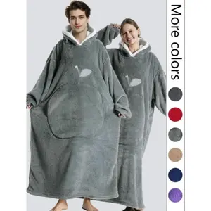 Couple's  Fruit Shaped Pocket  Drop Shoulder Fleece Hooded Robe, Casual Long Sleeve Hooded Blanket, Sleepwear & Loungewear  for Couple, Lightweight Cozy Blanket