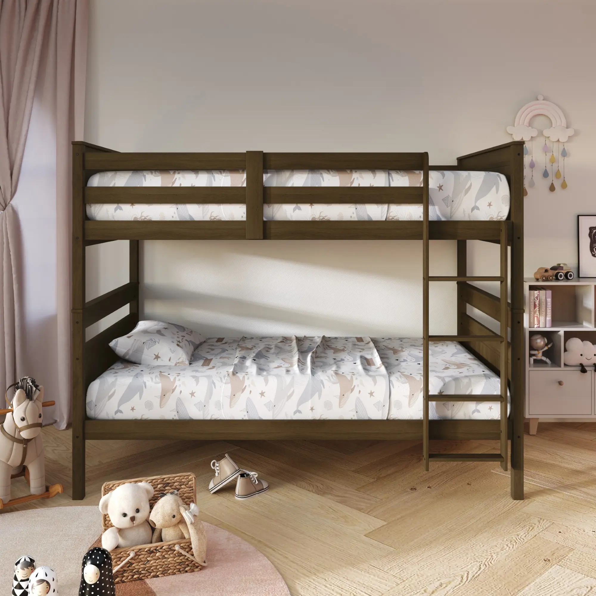 Favorer Lorain Twin Over Twin Wooden Bunk Bed Frame, Kids Bed Unit with Built-in Ladder, Space-Saving, Assembly Required, 78x43.6x61.9"