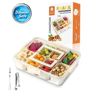 Transparent Multi-Compartment Snack Tray with Lid and Handle, Portable Food Storage Box for Candy, Fruit, Nuts, Perfect for Parties & Restaurants