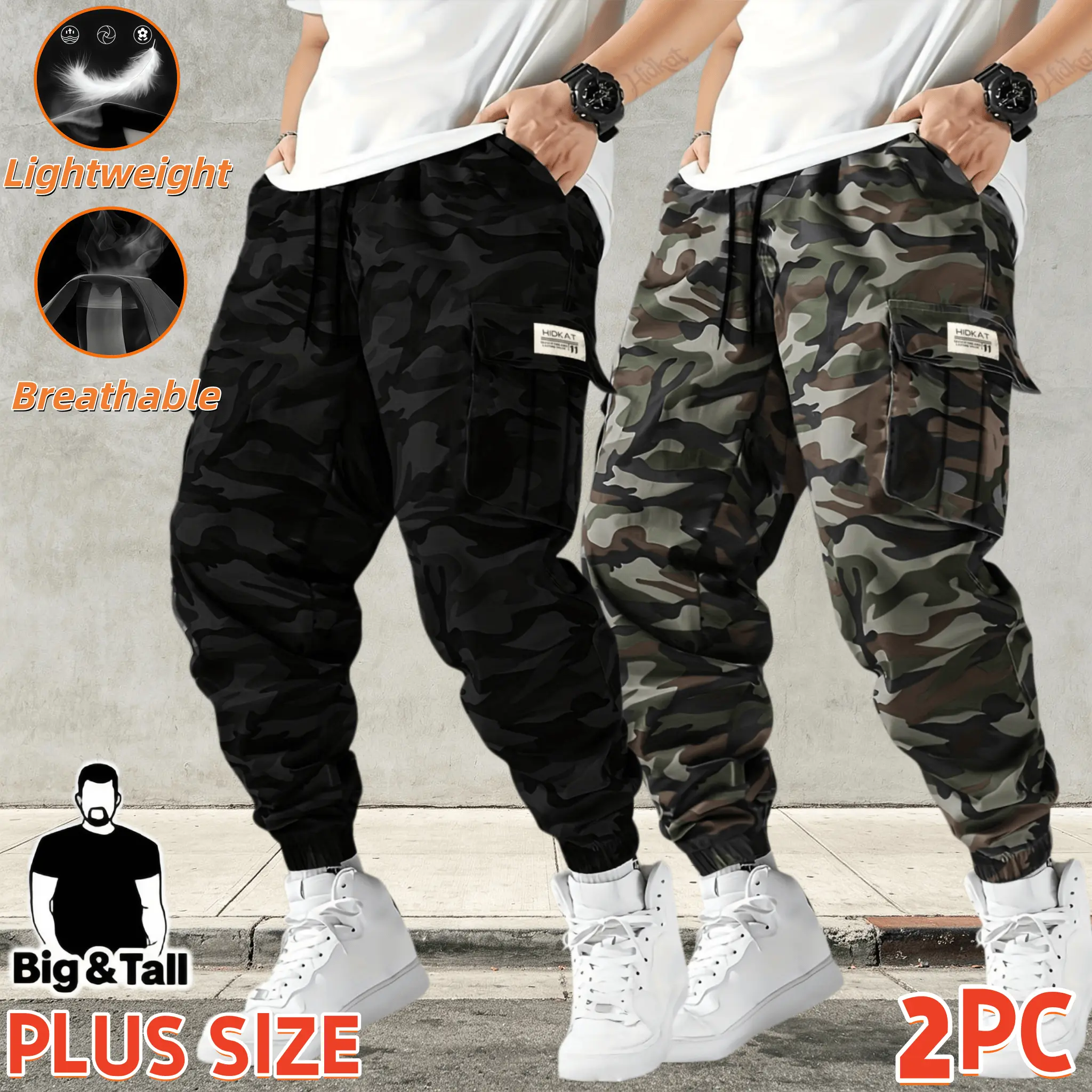 Large men's camouflage casual pants, large high waisted elastic drawstring jogging pants, lightweight and breathable camouflage jogging pants, multi pocket casual street pants, suitable for daily outdoor exercise for tall people