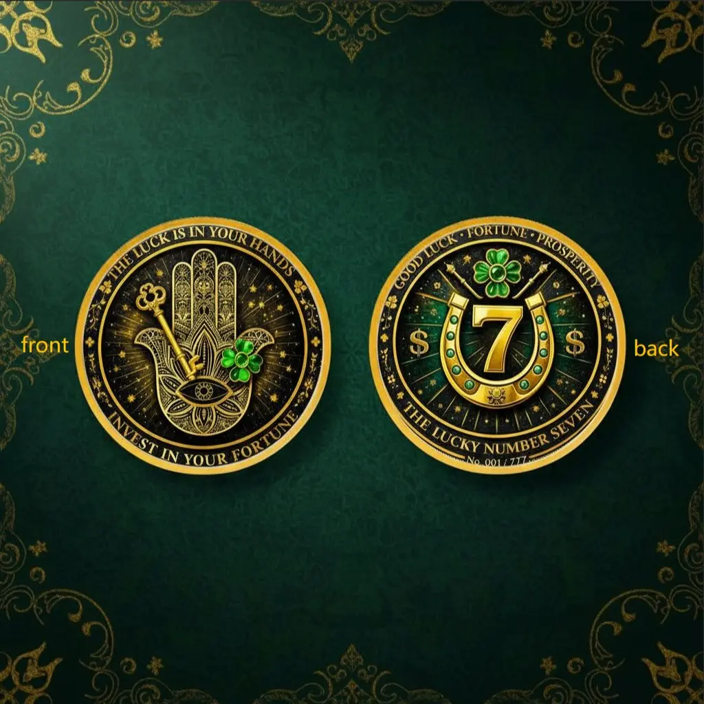Fatima Hand Lucky Coin, Four-Leaf Clover Fortune Coin, Good Luck Wealth Prosperity Medal, Metal Electroplated Craft, Plastic Box Gift, Home Ornaments, Table Ornament, Decoration Items