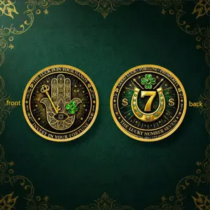 Fatima Hand Lucky Coin, Four-Leaf Clover Fortune Coin, Good Luck Wealth Prosperity Medal, Metal Electroplated Craft, Plastic Box Gift