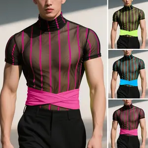 INCERUN Men's Sheer Fluorescent Striped T-Shirt, Fashion-Forward Translucent Style