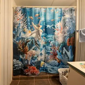 1/4pcs Ocean Themed Bathroom Decorations, Including Shower Curtain Set & Toilet Lid Cover & Mat & U-shaped Mat, Bathroom Accessories, Restroom