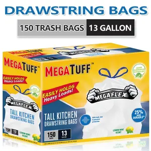 Boxed Disposable Non Tear Garbage Bag Puncture Tear Resistant Trash Bags, 50 Bags/Roll 13 Gallon Capacity, ODOR ELIMINATORTECHNOLOGY Kitchen Drawstring Garbage Bags Fresh Clean Scent with Lemon Mint Scent, EASY to USEDRAWSTRINGS MORE DURABLE