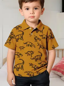 Boys' Dinosaur Polo Shirt Full-Print Vintage Pattern, Casual Slim-Fitting Summer, All Seasons Wear, with Collar and Buttons