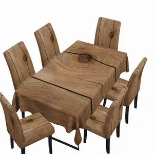 5/7-piece faux wood grain dining table and chair set, featuring a natural wood grain tablecloth and chair covers, a rustic retro style for home and dining rooms.