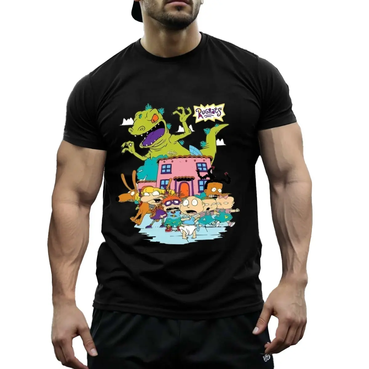 Men's Trendy Rugrats Reptar-Inspired Streetwear T-Shirt - Loose Fit, Short-Sleeve, Heat Transfer Print, No Pockets, Casual Menswear Top