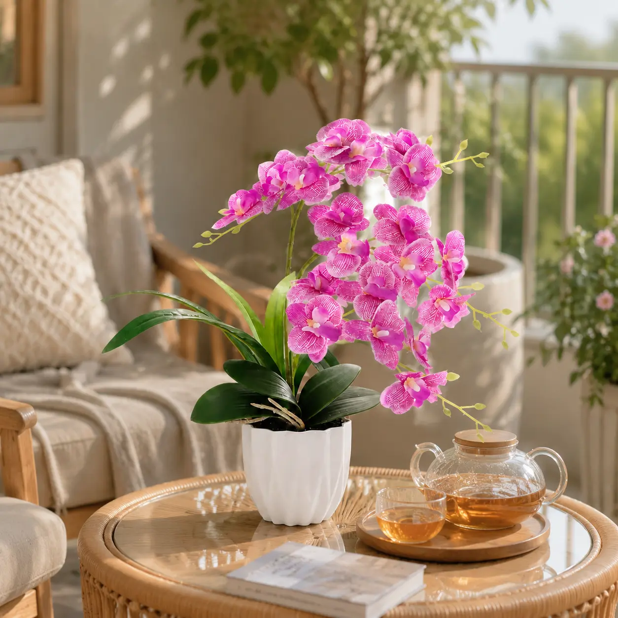 EverBloom Artificial Magenta Orchid - Lifelike Silk Flower Potted Plant for Home Decor and Office Desk - 15 Inch Faux Phalaenopsis in  Pot