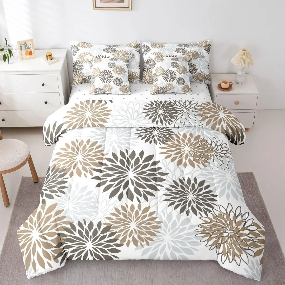 Boho Floral Comforter Set with Sheets 7 Piece Dahlia Floral Bed in a Bag Farmhouse Bedding Set Brown Grey Bedroom Decor Breathable Soft Lightweight Microfiber