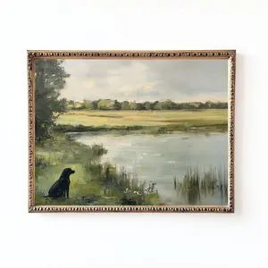 Vintage Black Labrador Landscape Wall Art, Rustic Dog & Pond Print, Countryside Cottagecore Decor for Farmhouse, Unframed 5 size, 8x12 to 27x40 inch