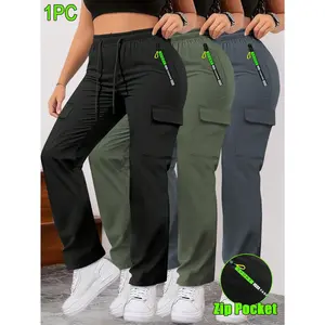 Women's Spring/Autumn Zipper Pocket Cargo Pants, Fashionable Large Pocket Design, Drawstring Elastic Waist, Casual Outdoor/Daily Wear Slim Fit Trousers