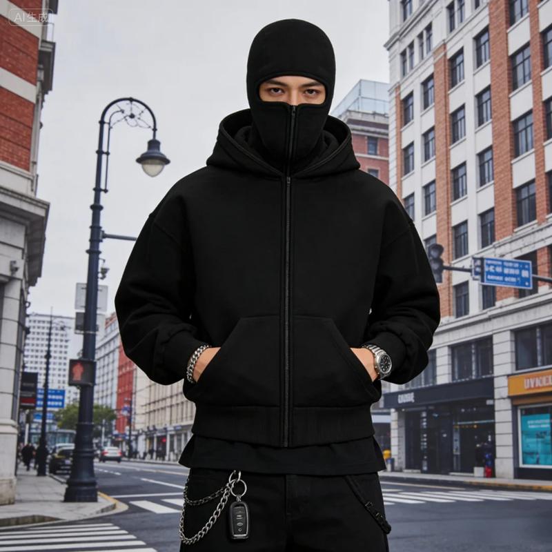 Balaclava Jacket Zip Up Fashion Double Layer Hoodie Hip Hop Outerwear Jacket Y2K Clothing for Men and Women