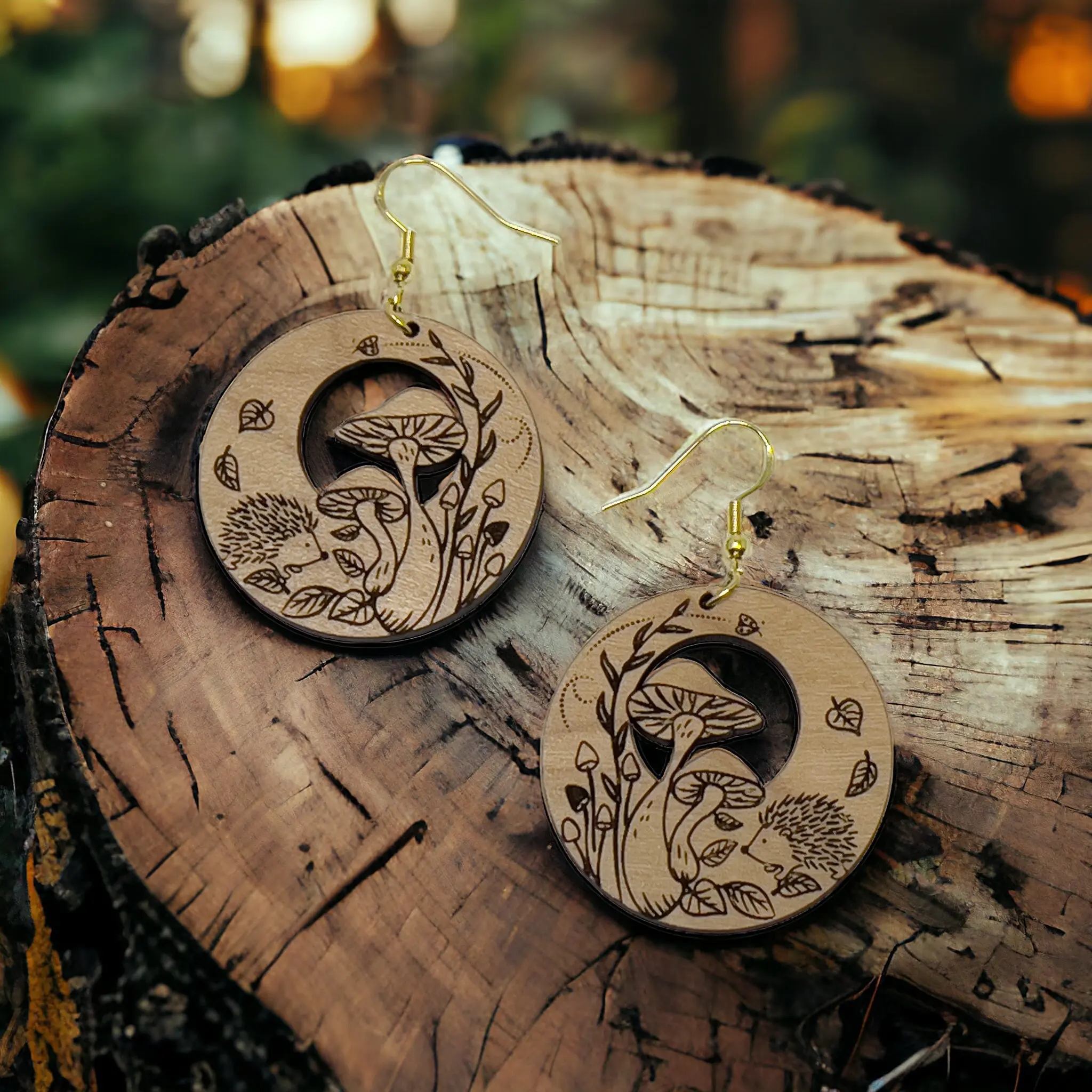 Hedgehog & Mushroom Wood Earrings – Whimsical Forest Jewelry